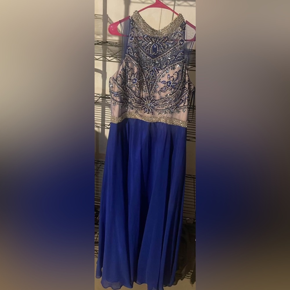 royal blue gown with sequins.